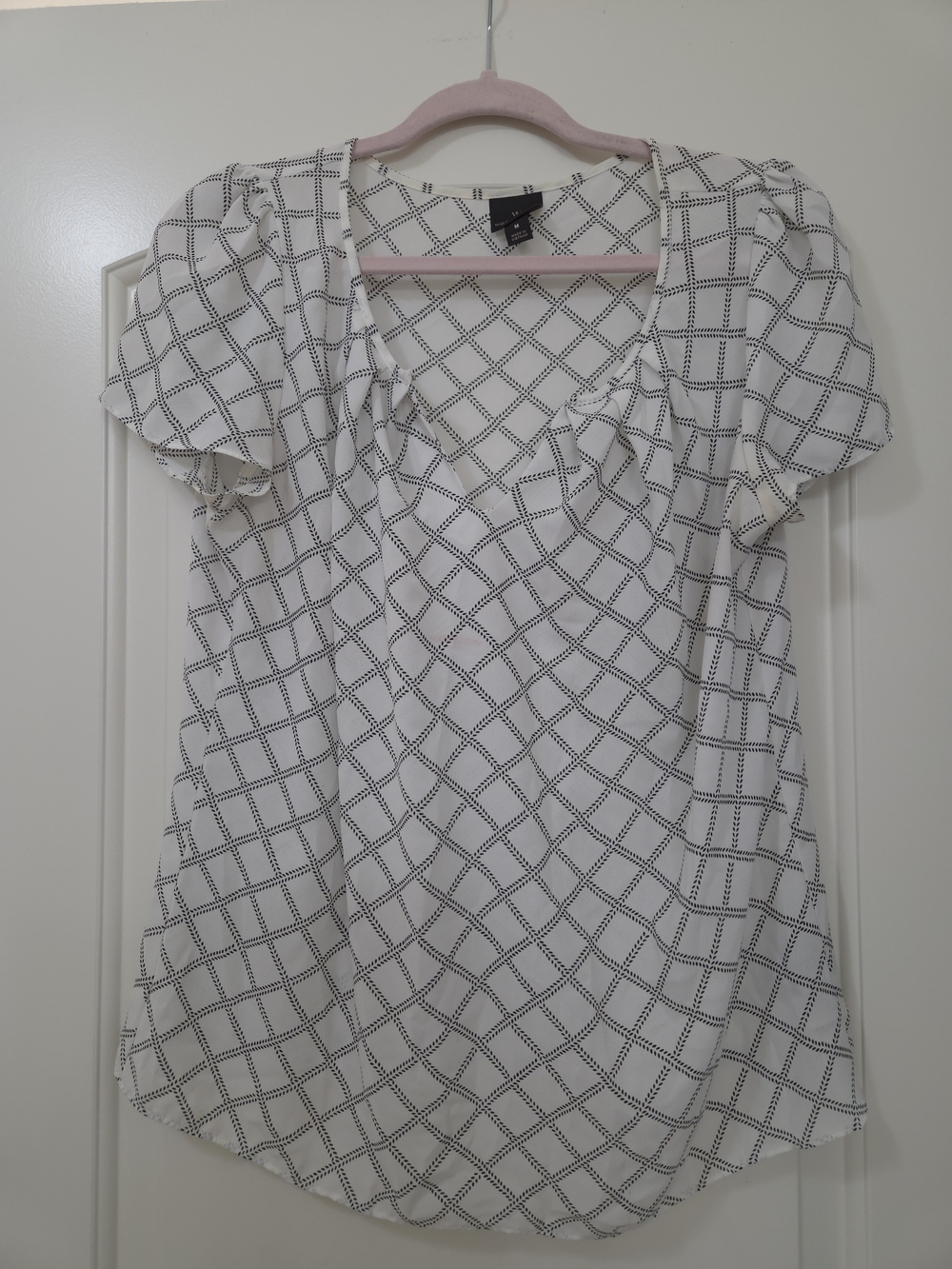 Worthington White Blouse with Black Grid Pattern